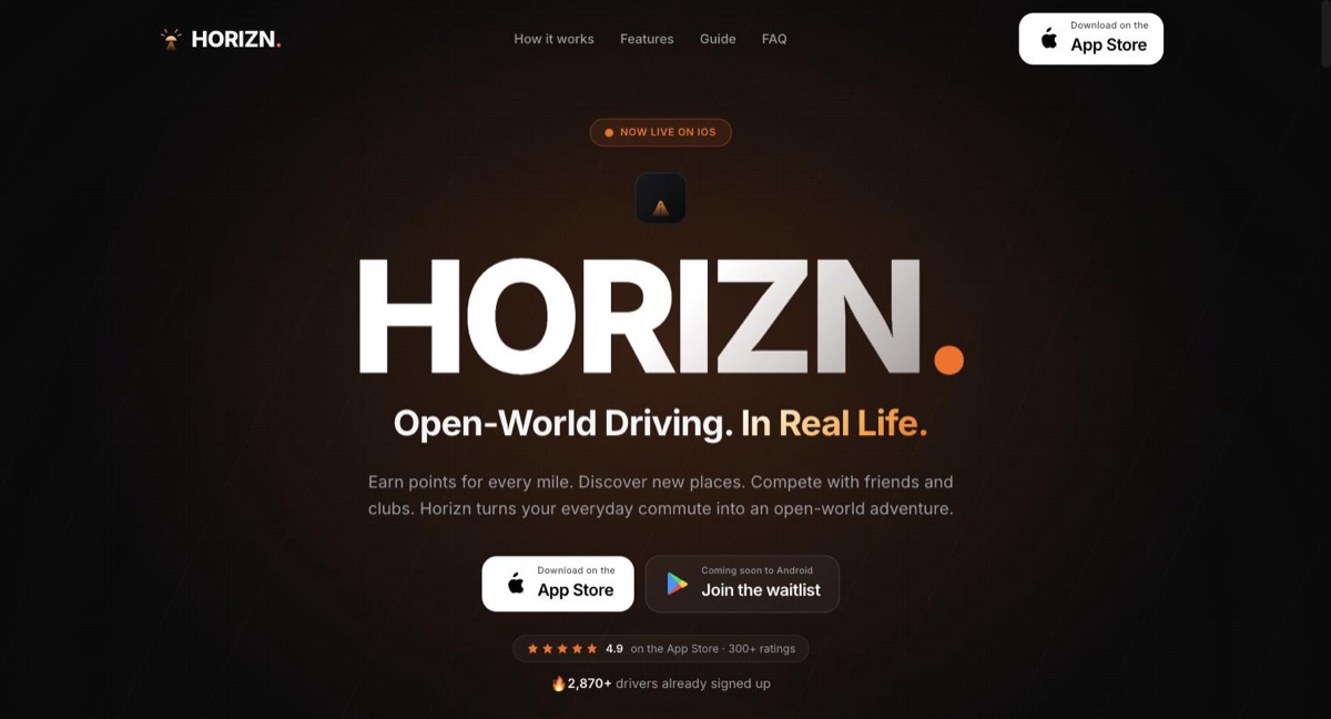 The Horizn website — Open-World Driving. In Real Life. — the iOS driving app built by Web-ly