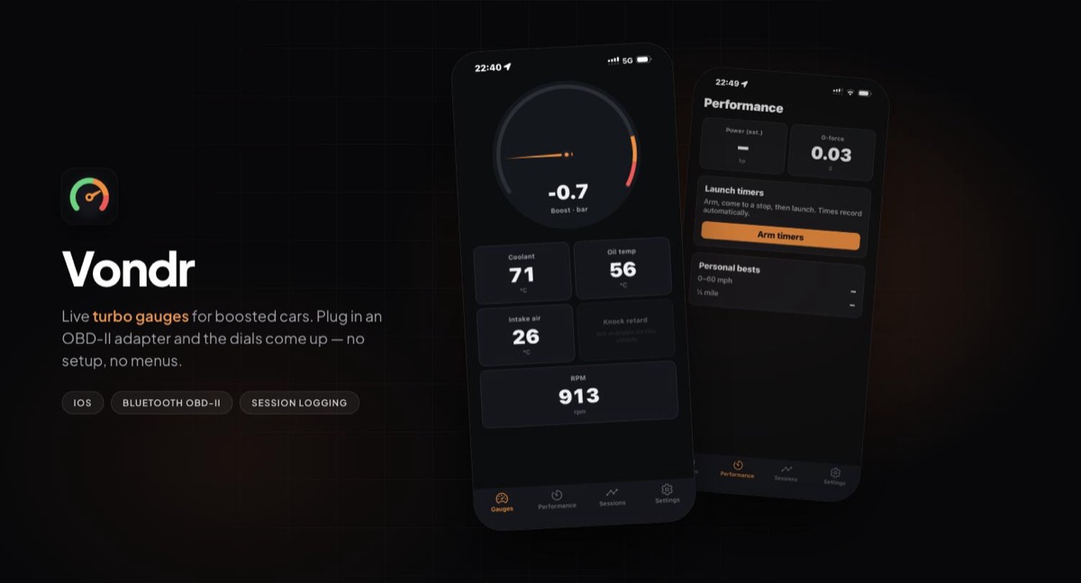 Vondr — live turbo boost, coolant, oil temp and RPM gauges on iPhone